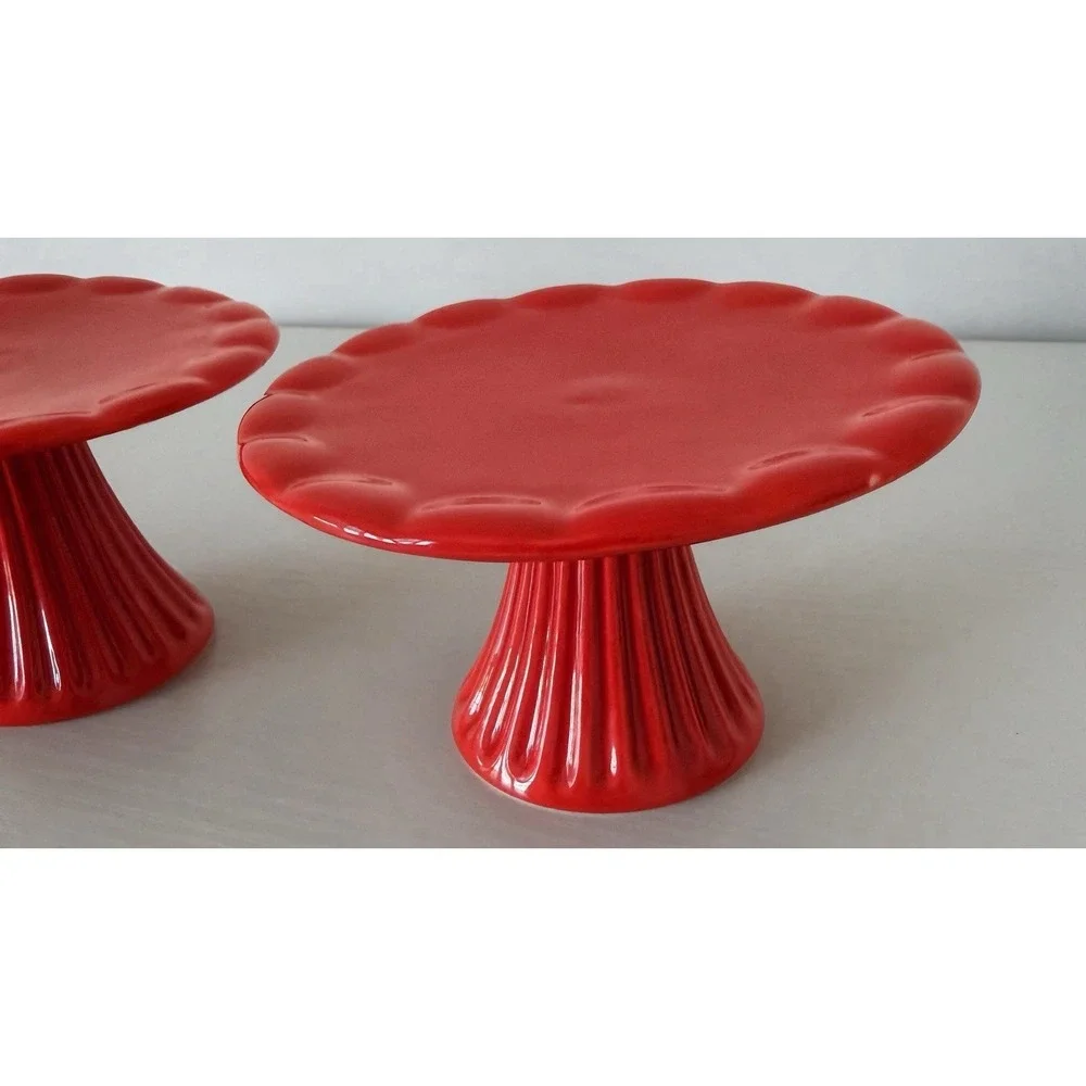 Lot (4) Christmas Mini Cupcake Stand Red Pedestal Dessert Tray Set Ceramic New